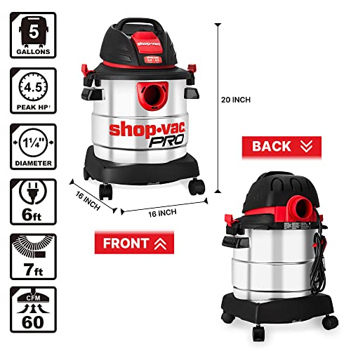 Shop-Vac 5 Gallon 4.5 Peak HP Wet/Dry Vacuum, Stainless Steel Tank, Portable Shop Vacuum with Filter, Hose and Accessories for Garage, Workshop. Shop-Vac