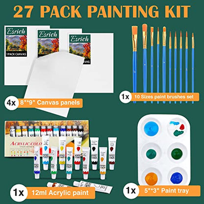 Acrylic Painting Set with 1 Packs / 10 PCS Nylon Hair Brushes 12 Color Tubes (12ml, 0.4 oz) 1 PCS Paint Plate and 4 PCS Canvas for Acrylic Painting - WoodArtSupply