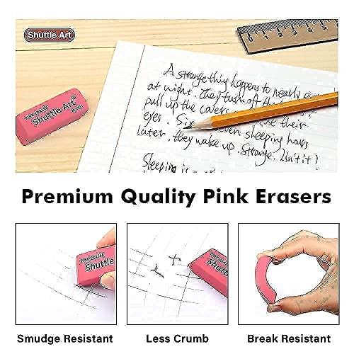 Shuttle Art Pencils and Erasers Bundle, Set of 350 Pack Sharpened Yellow Pencils + 120 Pack Pink Erasers Bulk Shuttle Art