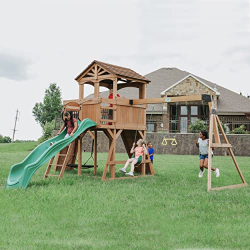 Backyard Discovery Sterling Point All Cedar Wooden Swing Set, Raised Clubhouse,Web Swing, Climbing Wall, 10ft Wave Slide, 2 Belt Swings, Front Porch, Backyard Discovery