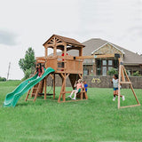 Backyard Discovery Sterling Point All Cedar Wooden Swing Set, Raised Clubhouse,Web Swing, Climbing Wall, 10ft Wave Slide, 2 Belt Swings, Front Porch, Backyard Discovery