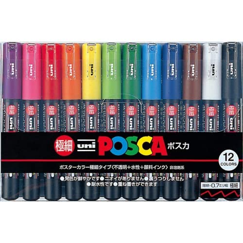Uni-posca Paint Marker SPECIAL SET (a) , Mitsubishi Pencil, Poster Colour Marking Pens Extra Fine Point 12 Colours (PC-1M12C) , Gold and Silver uni
