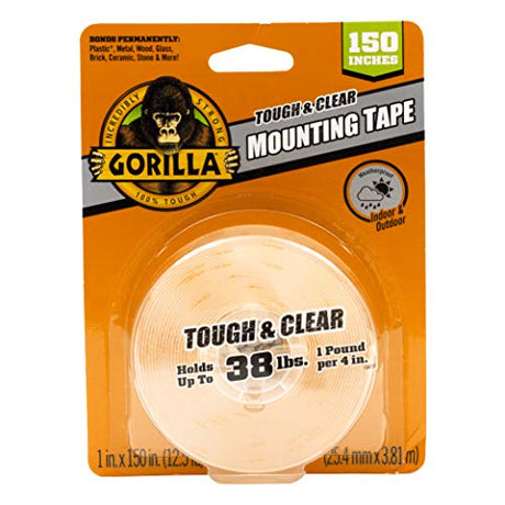Gorilla Tough & Clear Double Sided Adhesive Mounting Tape, Extra Large, 1" x 150", Clear, (Pack of 1) Gorilla