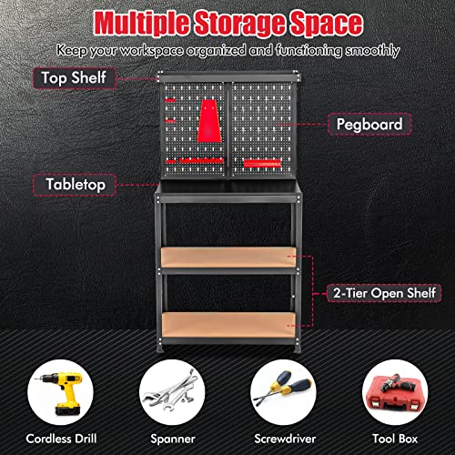 Goplus Work Bench, Work Table with Pegboard, 14 Hanging Accessories, 2 Open Shelves, Heavy Duty Steel Tool Bench, Workbench for Garage Home Workshop Goplus