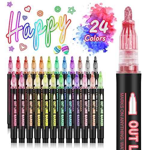 Outline Markers Self-outline Metallic Markers, 24 Colors Double Line Outline Markers, Super Squiggles Shimmer Outline Glitter Pen Set for Kid Hoxida