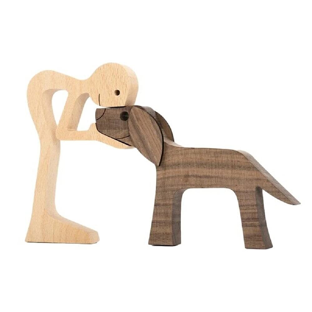 FHDTW Handmade Wooden Dog Unique Gift for Dog Lover, Wooden Man and Dog Carving Statue, Wood Dog Sculpture Home Office Tabletop Figurine Carved Wood FHTDW