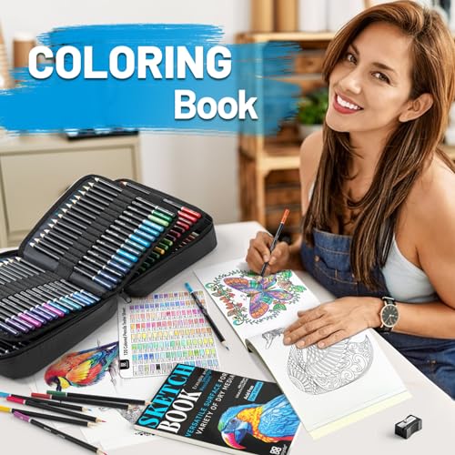 POPYOLA 136 Pack Colored Pencils Set with Portable Gift Case, Art Supplies 120 Colored Pencils, 3-Color Sketch Book, Coloring Book, Sketchbook,
