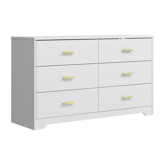 Modern 6 Drawer Wood Dresser, Wood Lateral Chest of Drawers Storage Organizer with Wide Drawers & Metal Gold Handles for Bedroom, Living Room, - WoodArtSupply