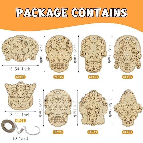 48 Sets Day of The Dead Skull Crafts Kits Unfinished Wooden Sugar Skull Ornaments Make Your Own Mexican Fiesta Festival Decor Halloween Blank DIY Generic
