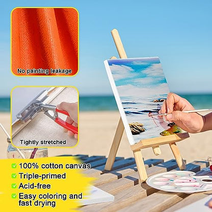 Mini Stretched Canvas With Beech Wood Easel Set 12 Pack 4x4 Inch