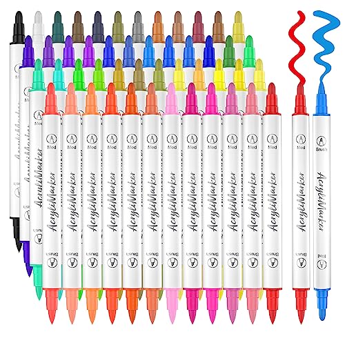 Banral 48 Colors Acrylic Paint Pens Markers, Dual Tip with Medium Tip and Brush Tip Paint Pens for Rock Painting, Stone, Wood, Calligraphy, Canvas, Banral