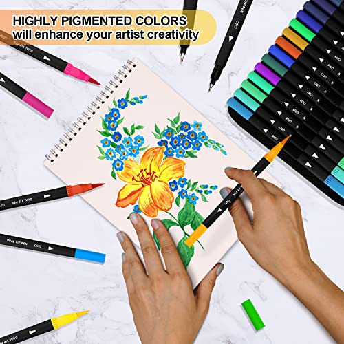 sunacme Art Supplier Dual Brush Markers, 110 Artist Fineliner & Brush Tip  Pens with Premium Case for Adults Coloring Books & Kids Journal, Drawing