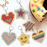 VKPI Wooden Cross Stitch Kits for Kids, Make Your Own 6 Cross Stitching Keyrings, Wood Sewing Kit, Arts & Crafts Stars, Hearts Ornaments, Plastic VKPI