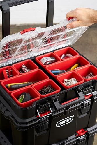 Keter Stack-n-Roll Mobile Tool Storage and Organization, 3 Piece Resin Modular Toolbox System Keter