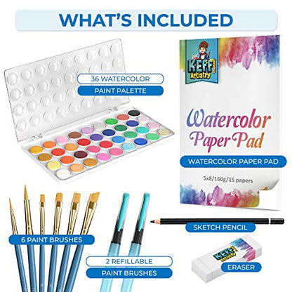 KEFF Watercolor Paint Set for Kids - 36 Water Colors Artist Painting Supplies Kit with Brushes, Refillable Brush Color Pens, Paper Pad, Pencil & - WoodArtSupply