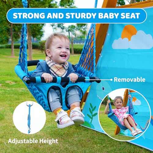 SuniBoxi Playground Swing Sets for Backyard for Kids, Wooden Playground Sets for Backyards with 2 Swings, a Big Wave Slide, Climbing Wall, Kids - WoodArtSupply