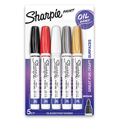 SHARPIE Oil-Based Paint Markers, Medium Point, Assorted & Metallic Colors, 5 Count - Great for Rock Painting - WoodArtSupply