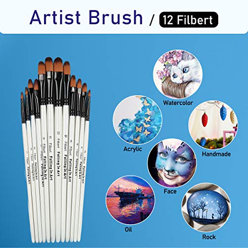 Falling in Art Paint Brushes Set, 12 PCS Nylon Professional Filbert Paint Brushes for Watercolor, Oil Painting, Acrylic, Face Body Nail Art, Crafts, - WoodArtSupply