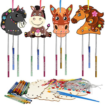 Fennoral 8 Pack Wind Chime Kit for Kids Make Your Own Horse Head Wind Chime Wooden Arts and Crafts for Girls Boys Ornaments DIY Coloring Horse Craft