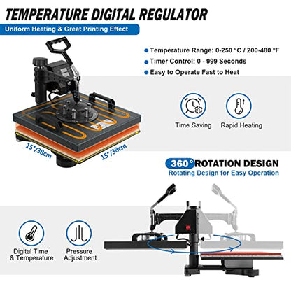 Topdeep Heat Press 15x15 Inch 8 in 1 Heat Press Machine, Swing Away T Shirt Pressing Machine Digital Control, Multifunction Heat Press Transfer - WoodArtSupply