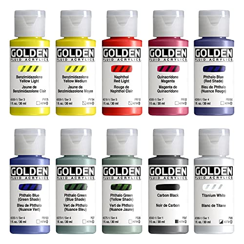 Lumintrail Golden Fluid Acrylic Paint, Fluid Mixing Set, 1 Fl. Oz. Bottles, 10 Piece Set of Acrylic Paints Sticky Notes - WoodArtSupply