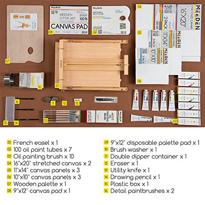 MEEDEN Oil Painting Set with French Easel,Oil Paint Set with Easel,7x100ml/3.38oz Oil Paint,Oil Paintbrushes,Canvas & Oil Painting Supplies for - WoodArtSupply