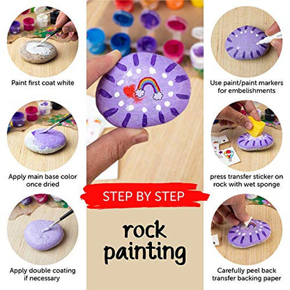 Rock Painting Kit for Kids | Arts & Craft Kits for Girls & Boys with 10 Assorted River Rocks, Acrylic Paints, Paintbrushes, Art Smock, Paint Markers,