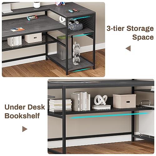 SEDETA L Shaped Gaming Desk, Convertible 96" Home Office Desk or Corner Desk, L Shaped Desk with Power Outlets & LED Strip, Monitor Stand, Keyboard SEDETA