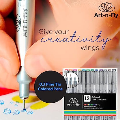 Art-n-Fly Colored Fine Point Pens Set of 12 - Drawing Fineliner Pens with Japanese Archival Ink 0.3mm - No Bleed Multi Color Marker Fine Tip Pens for
