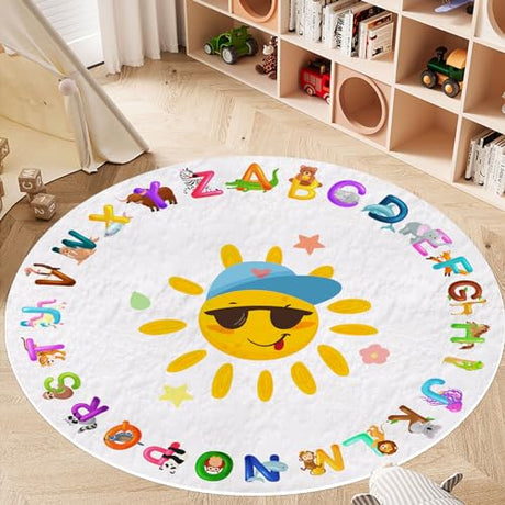 Round ABC Alphabet, Animals Educational Rug, Kids Area Rug, Washable Nursery Rug for Kids Bedroom, Non-Slip Play Mat Ultra Soft Non-Slip Carpet Fubullish