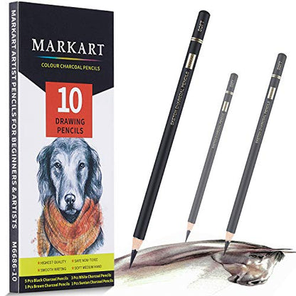 MARKART Professional Colored Charcoal Pencils Drawing Set, 10 Pieces Black White Charcoal Pencils for Sketching, Shading, Blending, Pastel Chalk - WoodArtSupply