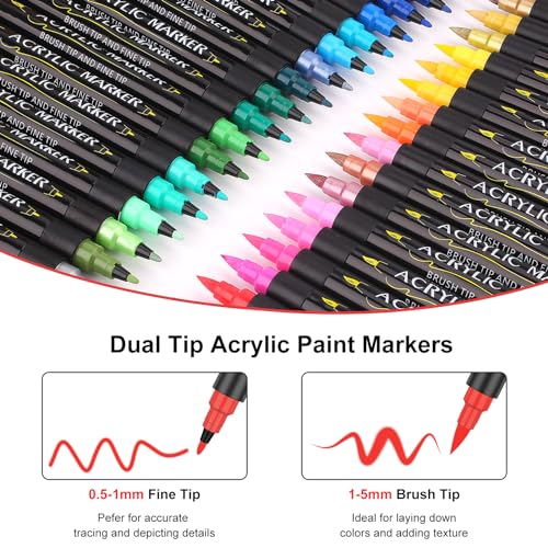 EscriWise 48 Colors Dual Tip Acrylic Paint Pens Set-Permanent Acrylic Paint Markers with Brush and Fine Tip, Water Based Art Paint Pens for Rock
