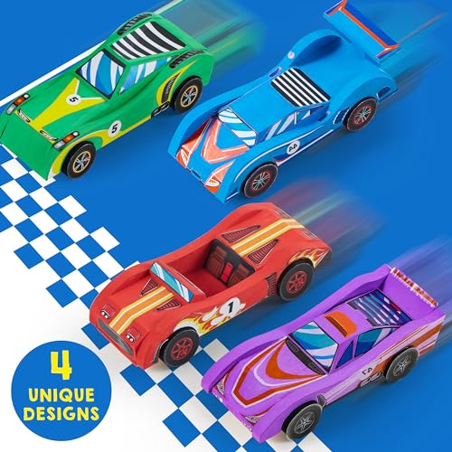 Klever Kits 4 DIY Wooden Race Cars-Build & Paint Your Own Wood Craft Kit, 4 Race Cars Toy, Easy to Assemble Arts Crafts Kit, Birthday Party Christmas Klever Kits