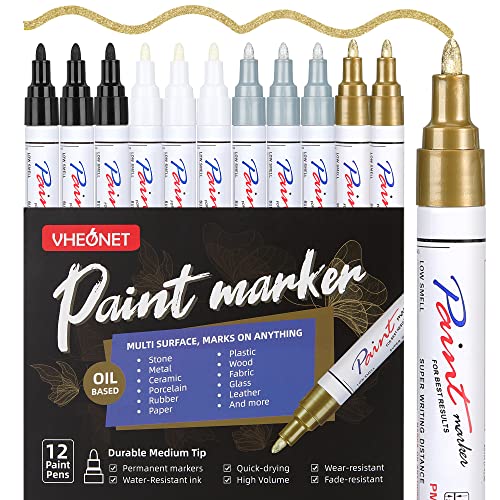 VHEONET 12 Permanent Paint Markers on Almost Anything Never Fade Quick Dry, Oil-Based Waterproof Paint Marker Pen for Rock Painting, Stone, Wood, VHEONET