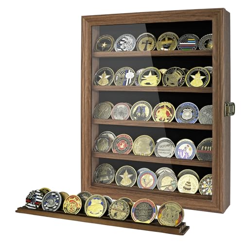 DecoWoodo Military Challenge Coin Display Case with HD Glass Door- 5 Rows Medal Display Case Cabinet Rack Shadow Box with Removable 2 Grooves Shelves DecoWoodo