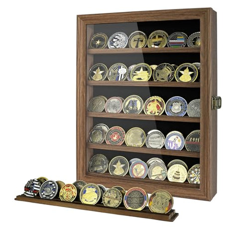 DecoWoodo Military Challenge Coin Display Case with HD Glass Door- 5 Rows Medal Display Case Cabinet Rack Shadow Box with Removable 2 Grooves Shelves DecoWoodo