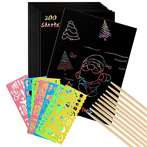 ZEAYEA 200 Pcs Scratch Paper Art Set, Scratch Off Rainbow Magic Paper with 10 Bamboo Stylus, 8 Stencils, Black Scratch Notes for Boys and Girls DIY ZEAYEA