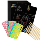 ZEAYEA 200 Pcs Scratch Paper Art Set, Scratch Off Rainbow Magic Paper with 10 Bamboo Stylus, 8 Stencils, Black Scratch Notes for Boys and Girls DIY ZEAYEA