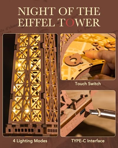 RoWood Eiffel Tower,3D Puzzle Model Kits for Adults,DIY 3D Wooden Puzzles for Adults,Builing Set with LED,Home Decoration Festival Gift Idea - WoodArtSupply