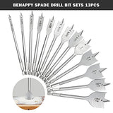 BeHappy 13 Piece Spade Drill Bit Set, Wood Drill Bit Set, Paddle Flat Bit Sets for Woodworking, Carbon Steel Paddle Flat Bit with Quick Change Shank, BeHappy