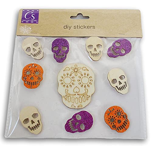 Crafters Square Halloween Sugar SKulls Wood Cutout SticKers - DIY Craft Wooden Shapes with Adhesive Peel and SticK - 10 Count - WoodArtSupply