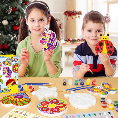 Aigybobo Kids Arts and Crafts Painting Kit, 6 Pack Paint Your Own Plaster Stones for Kid Girl Ages 4-8, Creativity Art Supplies, Christmas Birthday