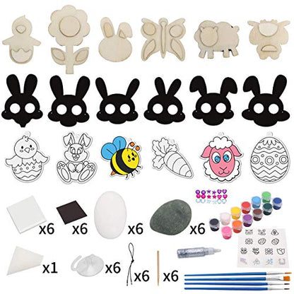 JOYIN 48 PCS Easter Craft Kit Easter Assorted DIY Painting Kit Includes Rocks, Scratch Art Masks, Wooden Eggs and Magnets for Kids Creativity Easter - WoodArtSupply