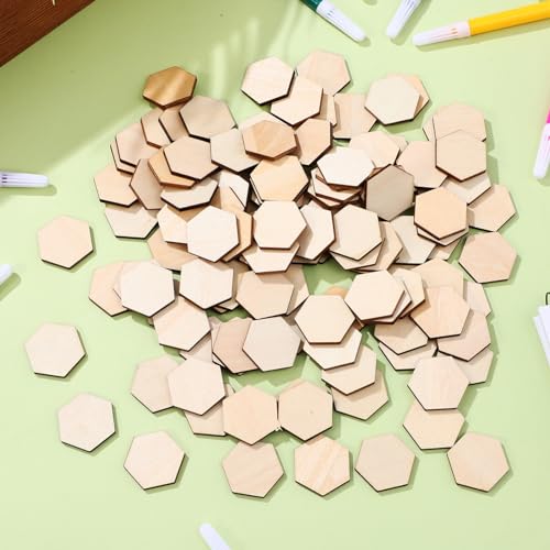 COHEALI Hexagon Wood Pieces, 200Pcs Unfinished Wooden Hexagon Shape Cutouts Slice Wooden Tile for DIY Arts