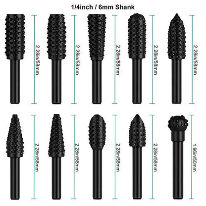 EEEkit 10PCS Wood Carving File Rasp Drill Bit, 1/4" 6mm Rotary Rasp Drill Bit Set, DIY Woodworking Rotating Embossed Chisel Shaped Shank Tool Burr - WoodArtSupply