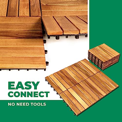 Solid Wood Interlocking Flooring Tiles (Pack of 10, 12" x 12"), Acacia Deck Tiles, Floor Tiles for Both Indoor and Outdoor Use, Waterproof All