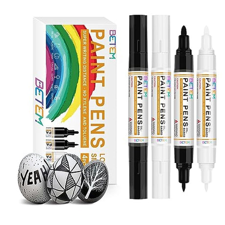 Betem 4 Count Dual Tip Oil Based White Black Paint Markers Paint Pens(0.7mm & 3mm), Permanent Paint Marker, Waterproof, Quick Dry, for Rock Painting, Betem