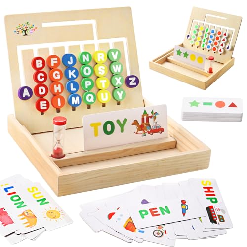 Wooden Montessori Toys for Kids 2 3 4 5 6 7 8 Years Old, Alphabet Learning Toys with 34 Cards, Color & Shape Matching Slide Puzzles Brain Teaser - WoodArtSupply