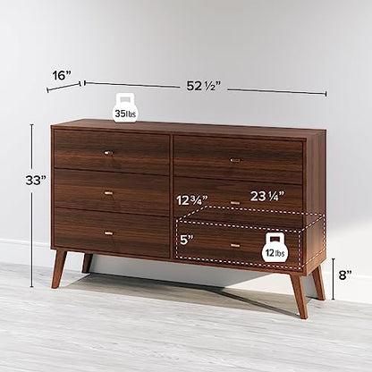 Prepac Milo Mid-Century 6 Drawer Dresser For Bedroom, 16" D x 52.50" W x 33" H, Cherry - WoodArtSupply