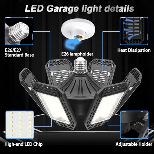 AUDLES 2 Pack Garage Light, 200W LED Shop Lights, E26/E27 LED Garage Light Super Bright LED Garage Ceiling Lights with 6+1 Deformable Panels Garage AUDLES